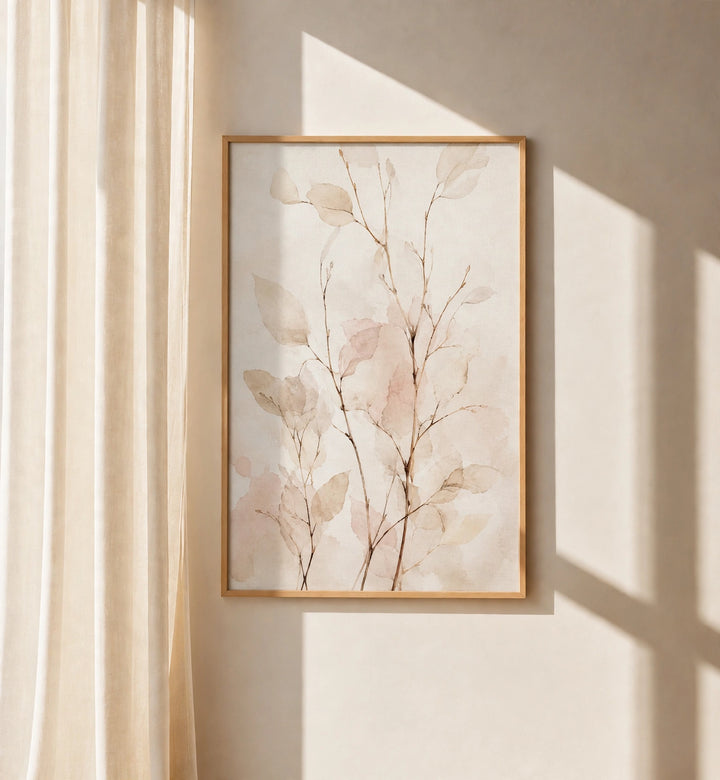 Botanical abstract wall art with delicate branches in pale pink, framed in warm wood