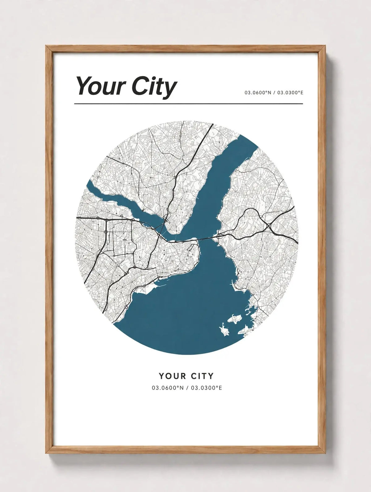 Framed city map wall art with oak wood frame and teal coastline, 'Your City' title