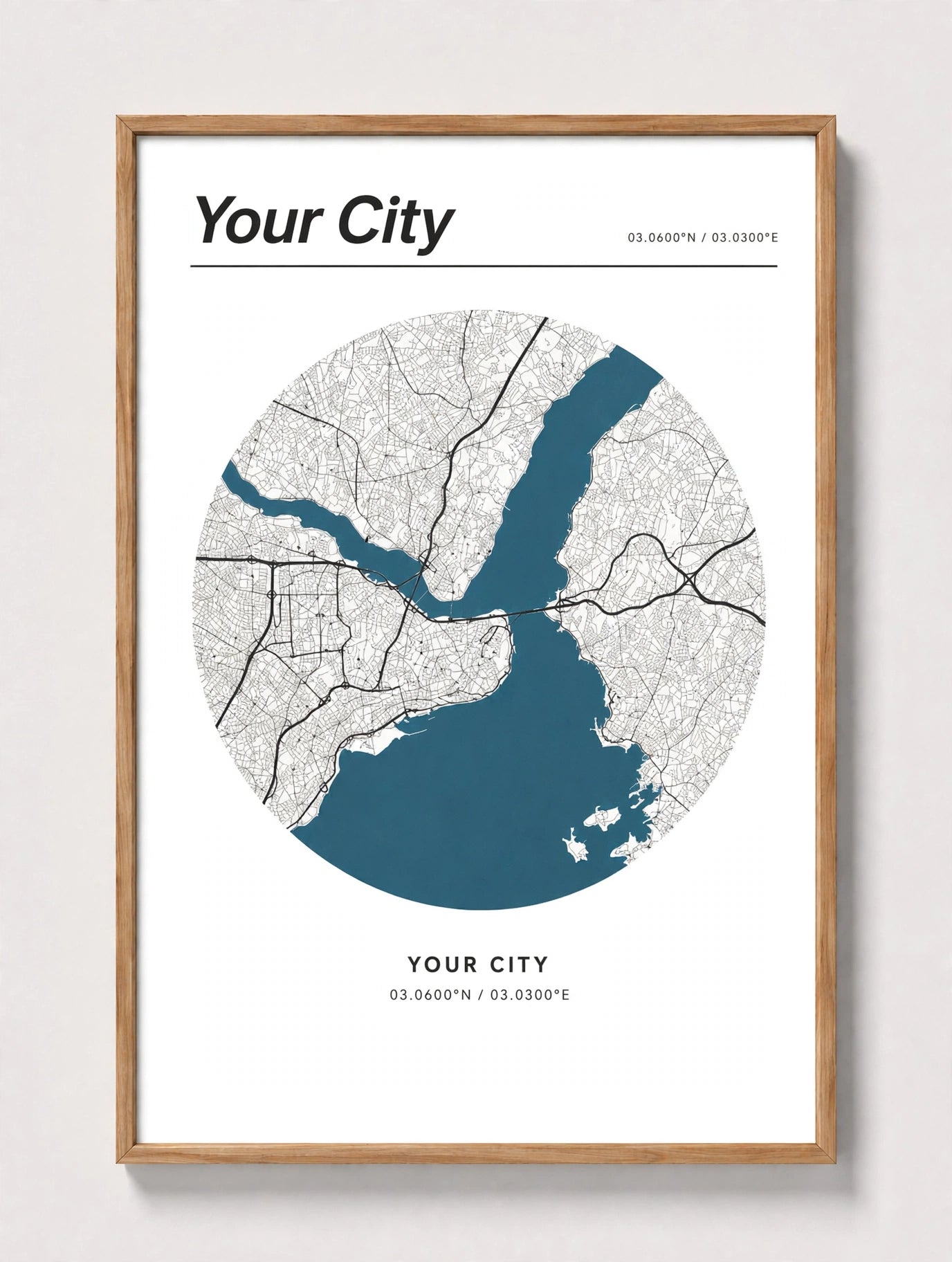 Personalized City Map Wall Art displayed in a slim natural oak frame, featuring a custom location and meaningful personal details.
