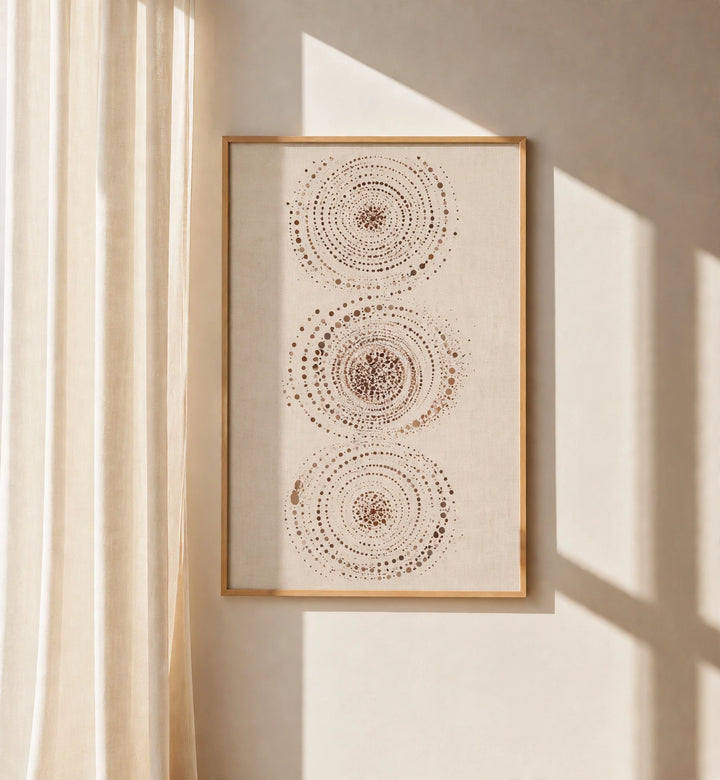 Abstract celestial wall art print with three dotted circular orbs in a brown frame