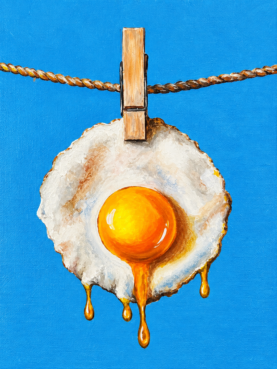 Fried egg artwork with orange yolk on white runny edges, blue background