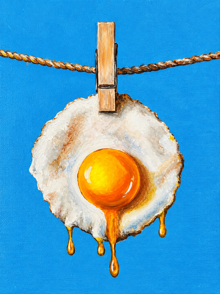 Painterly sunny-side-up fried egg clipped to a clothesline by a wooden peg, yolk dripping against vivid cobalt blue.