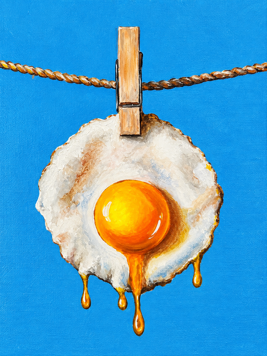 Fried egg artwork with orange yolk on white runny edges, blue background