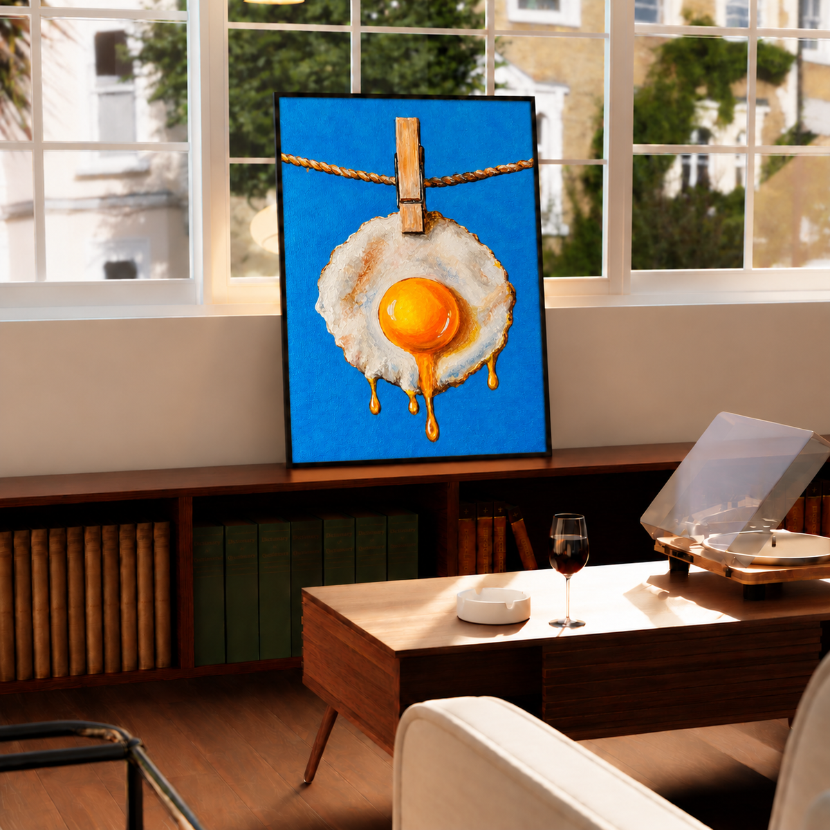 Black-framed fried egg on a blue clothesline poster displayed on a wooden console before large windows.