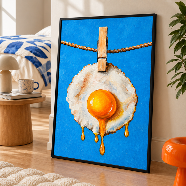 Fried egg hanging on a clothesline wall art displayed in styled interior view 2