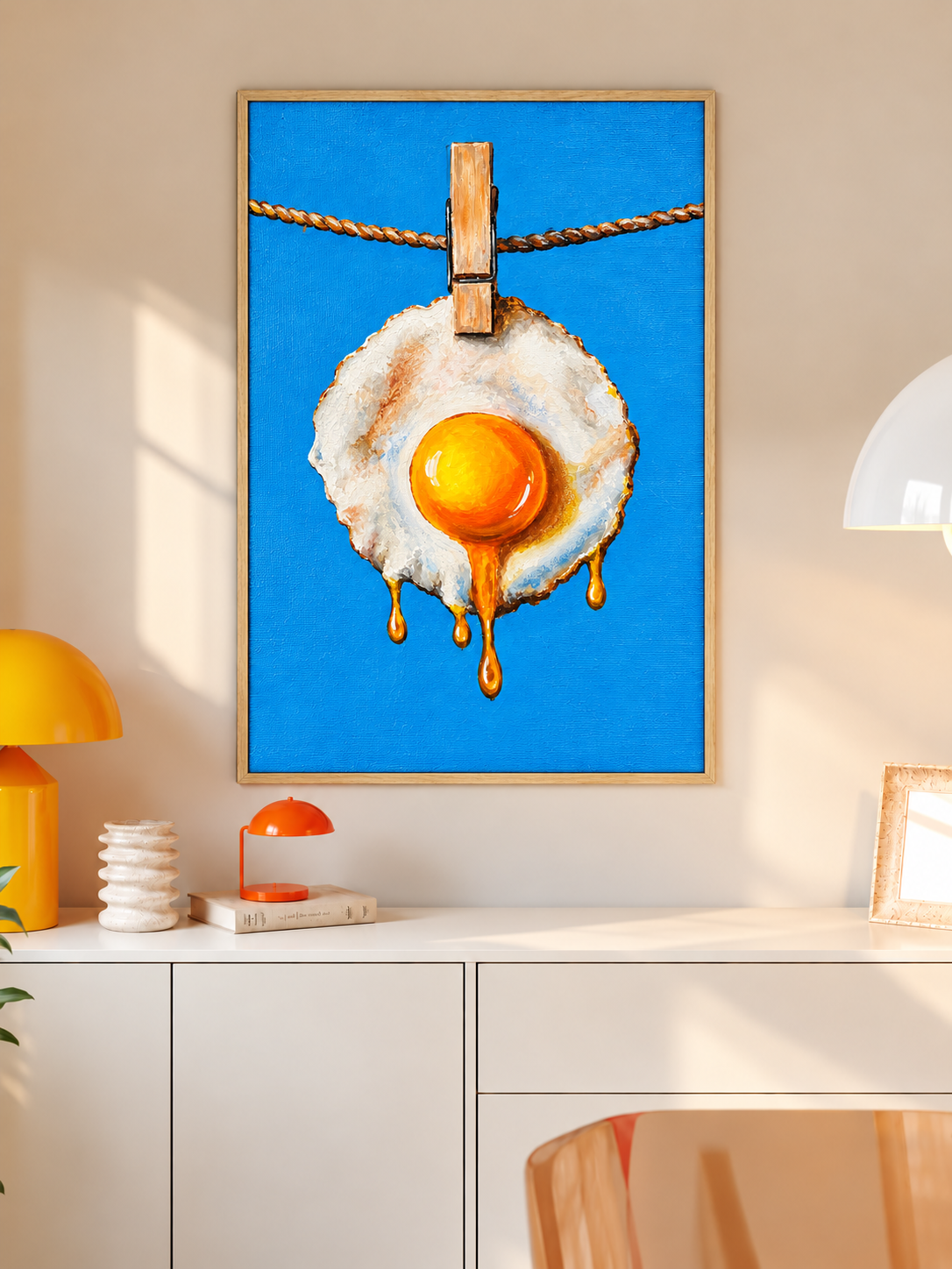 Fried egg hanging on a clothesline wall art displayed in styled interior view 4
