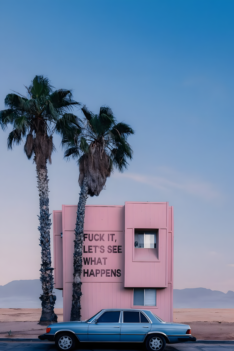 Vertical desert poster with palm trees, pink building, blue car, and 'FUCK IT LET'S SEE WHAT HAPPENS'