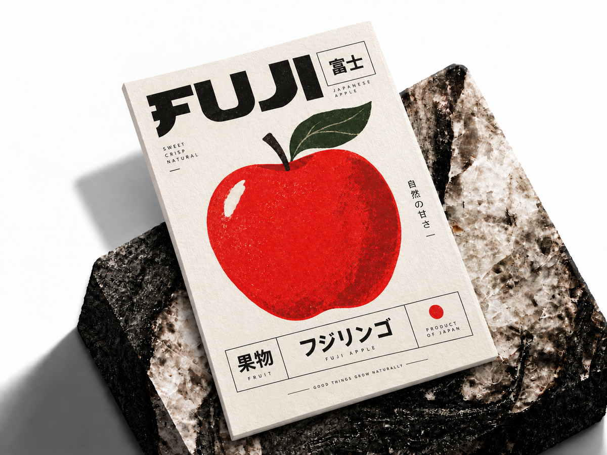 Red apple wall art print with green leaves and Japanese text, Fuji branding on board.