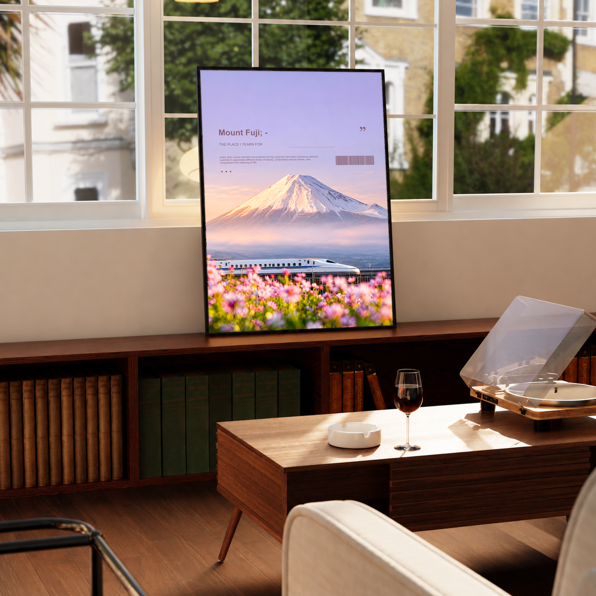 White bullet train below Mount Fuji with pink cosmos flowers; framed print beside a window