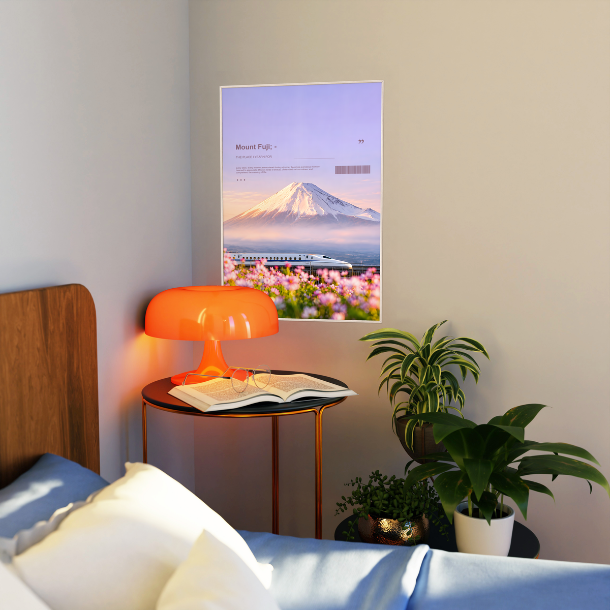 White bullet train below Mount Fuji with pink cosmos flowers; artwork styled in a living room
