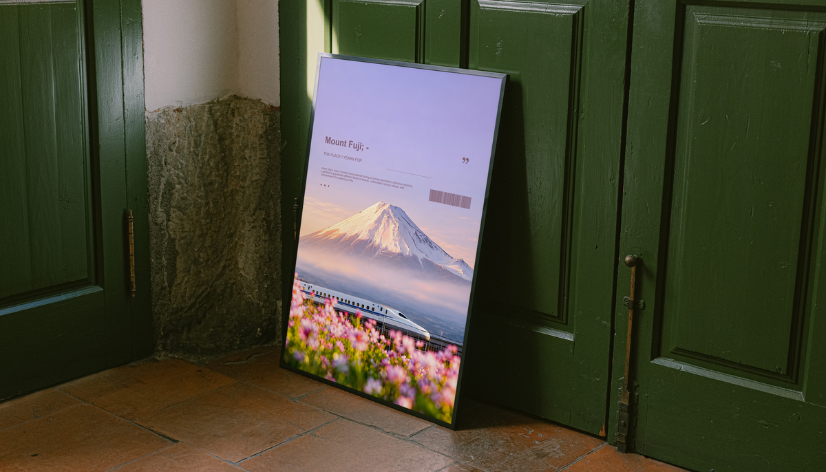 White bullet train below Mount Fuji with pink cosmos flowers; unframed canvas styled by a green doorway