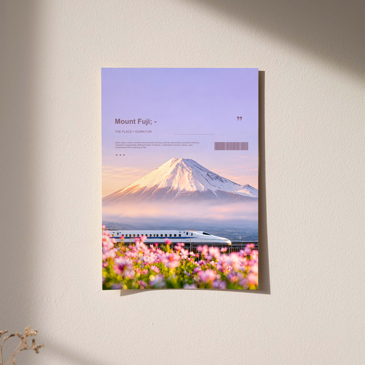 White bullet train below Mount Fuji with pink cosmos flowers; unframed print on a wall