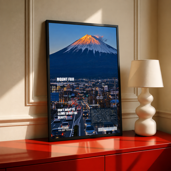 Mount Fuji sunset city poster in black frame, orange volcano over blue night streets