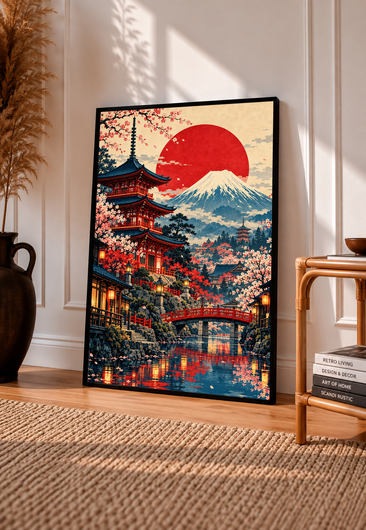 Framed Japan landscape wall art with Mount Fuji, pagoda, red sun, cherry blossoms, bridge reflection