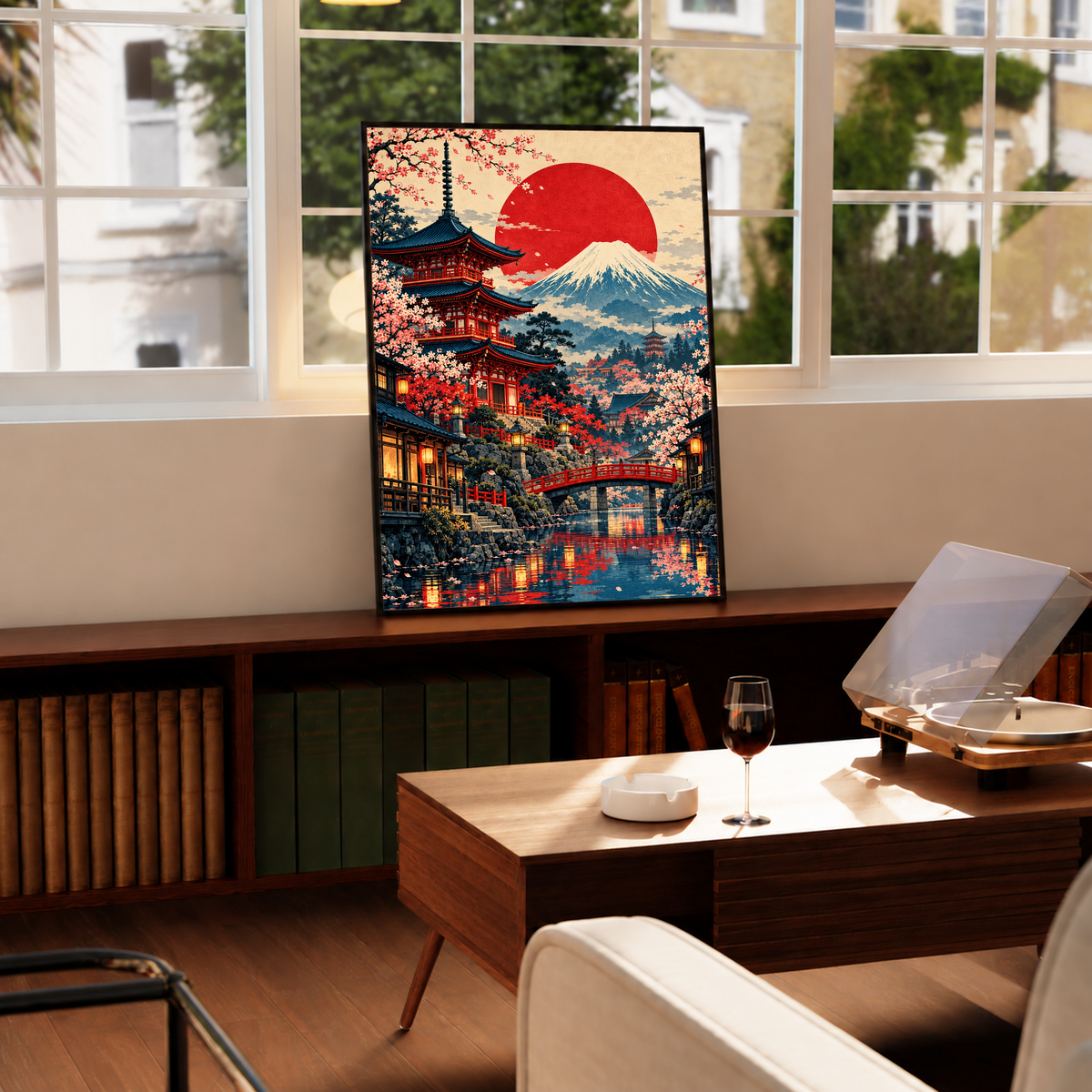 Framed Japan landscape wall art by a window: pagoda, Mount Fuji, red sun, cherry blossoms
