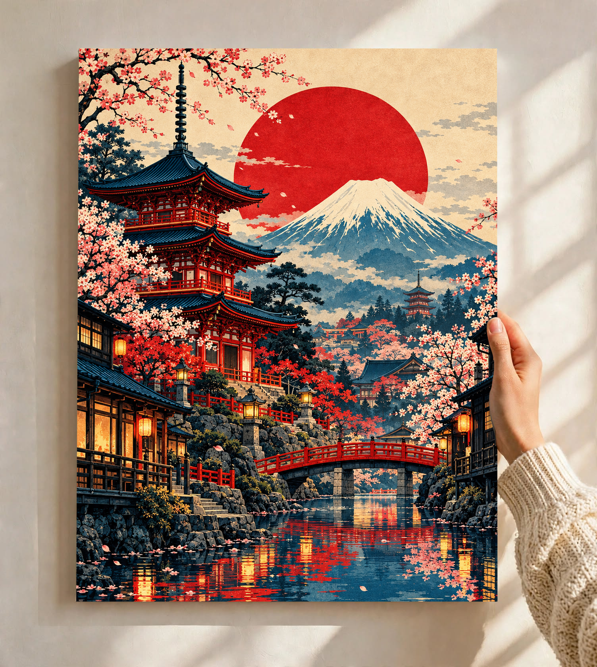 Framed Japan landscape wall art featuring pagoda, Mount Fuji, red sun, cherry blossoms and river