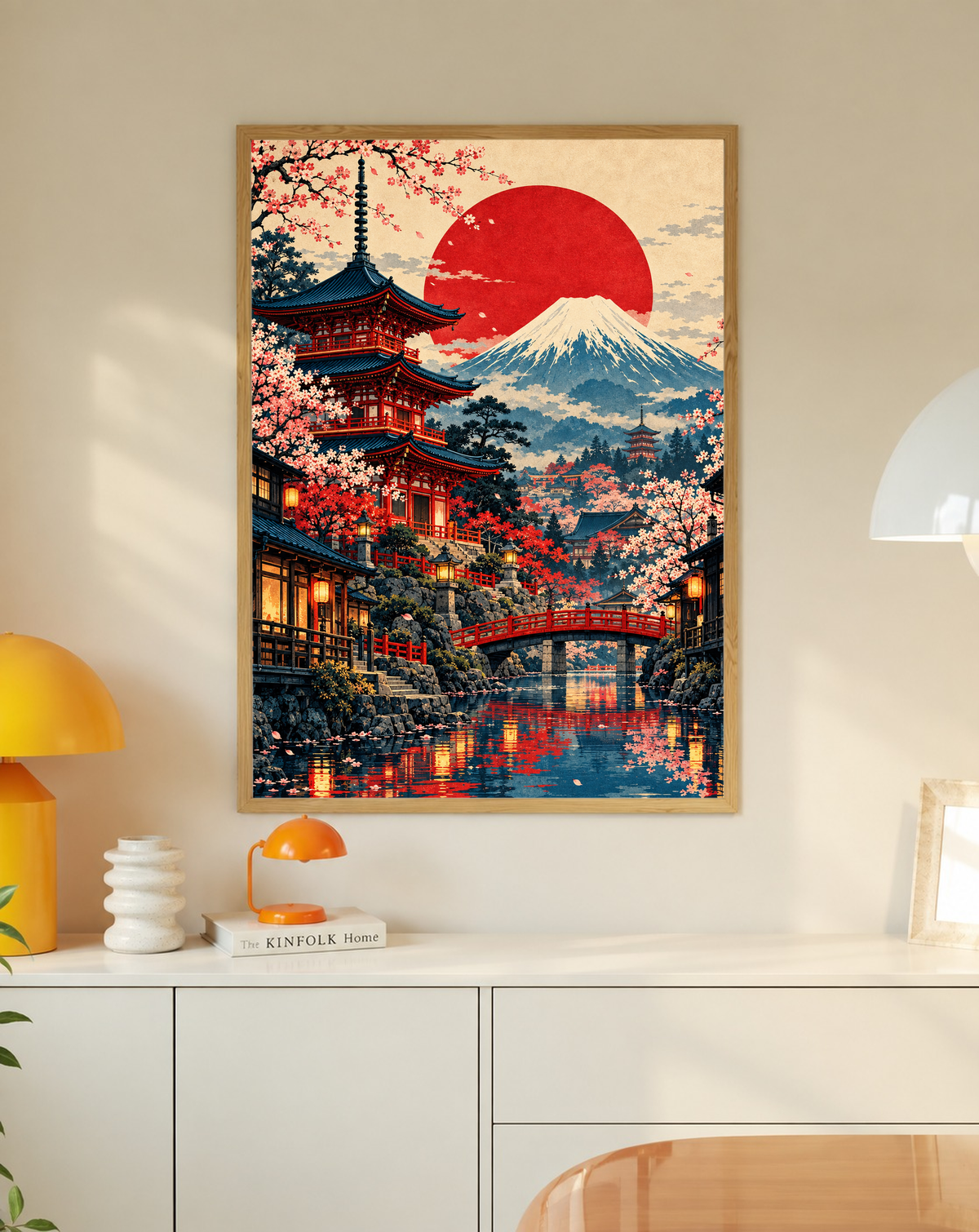 Framed Mount Fuji and pagoda wall art with red sun, cherry blossoms, and glowing bridge