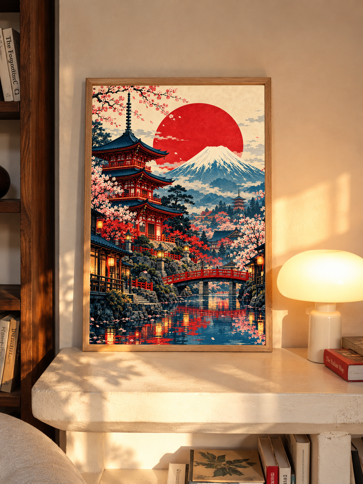 Framed Japan scene wall art with pagoda, Mount Fuji, red sun, cherry blossoms, and night reflections