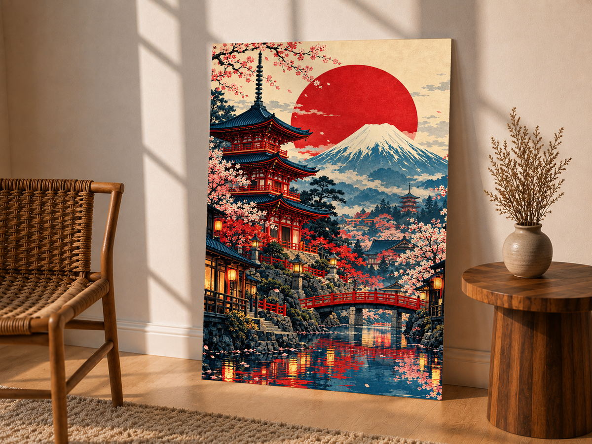 Vertical poster of Mount Fuji, red sun, pagoda and bridge with cherry blossoms