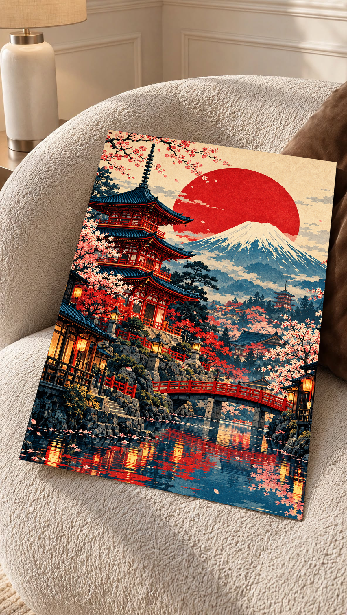 Framed Mount Fuji pagoda wall art on a textured chair, red sun and cherry blossoms