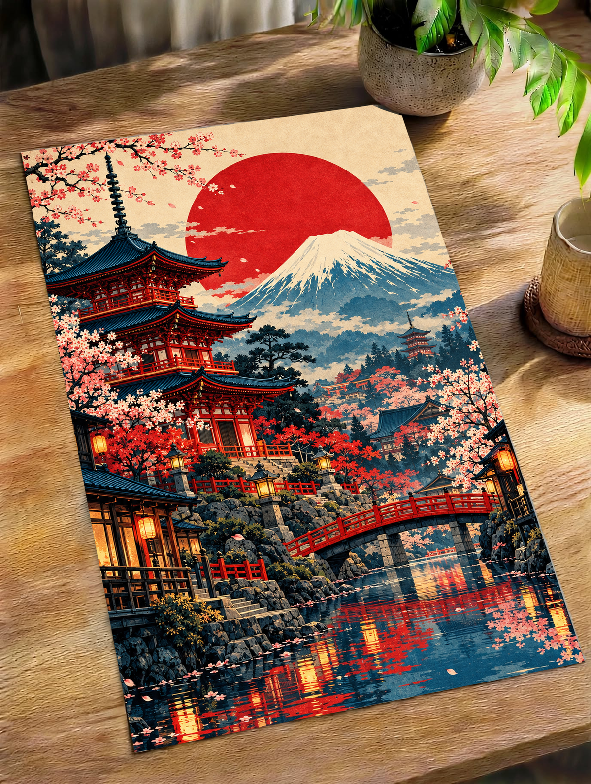 Japan landscape wall art laid on a wooden table: pagoda, Mount Fuji, red sun, cherry blossoms