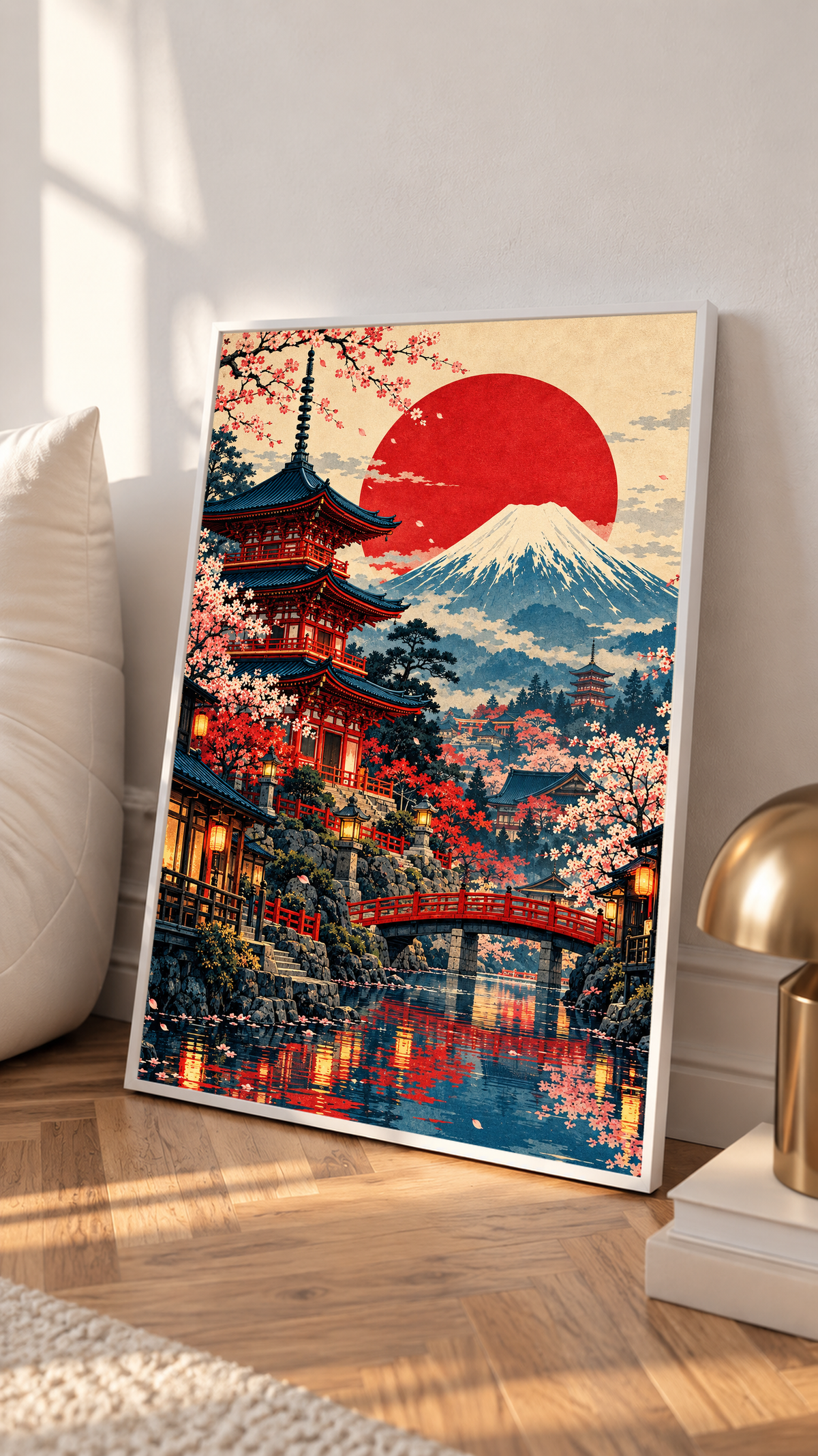 Framed Japan pagoda and Mount Fuji print with red sun, cherry blossoms, and reflective river
