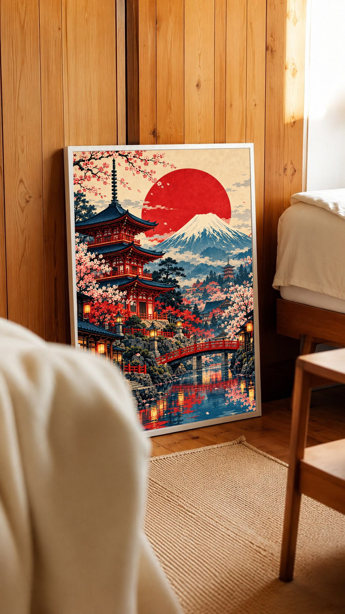 Framed Mount Fuji and pagoda wall art near a bed with red sun, cherry blossoms, and river reflection