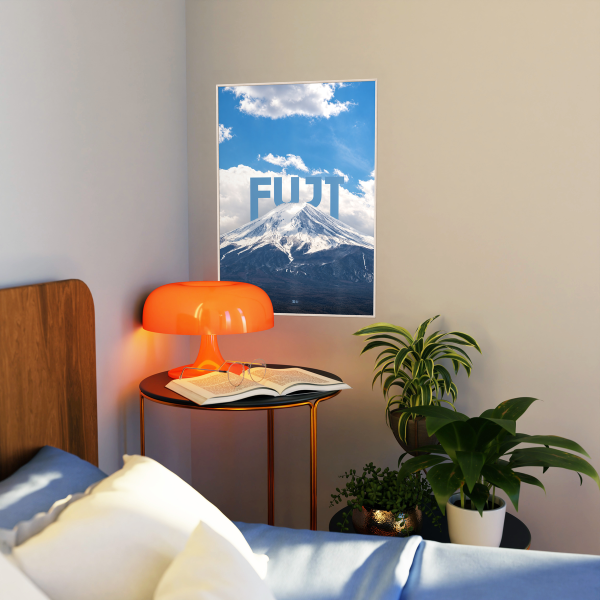 Snow-covered Mount Fuji beneath blue sky and large white FUJI lettering; artwork styled in a living room