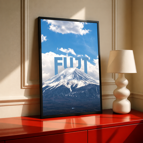 Framed Mount Fuji poster with bold white FUJI lettering over snowy mountain photo