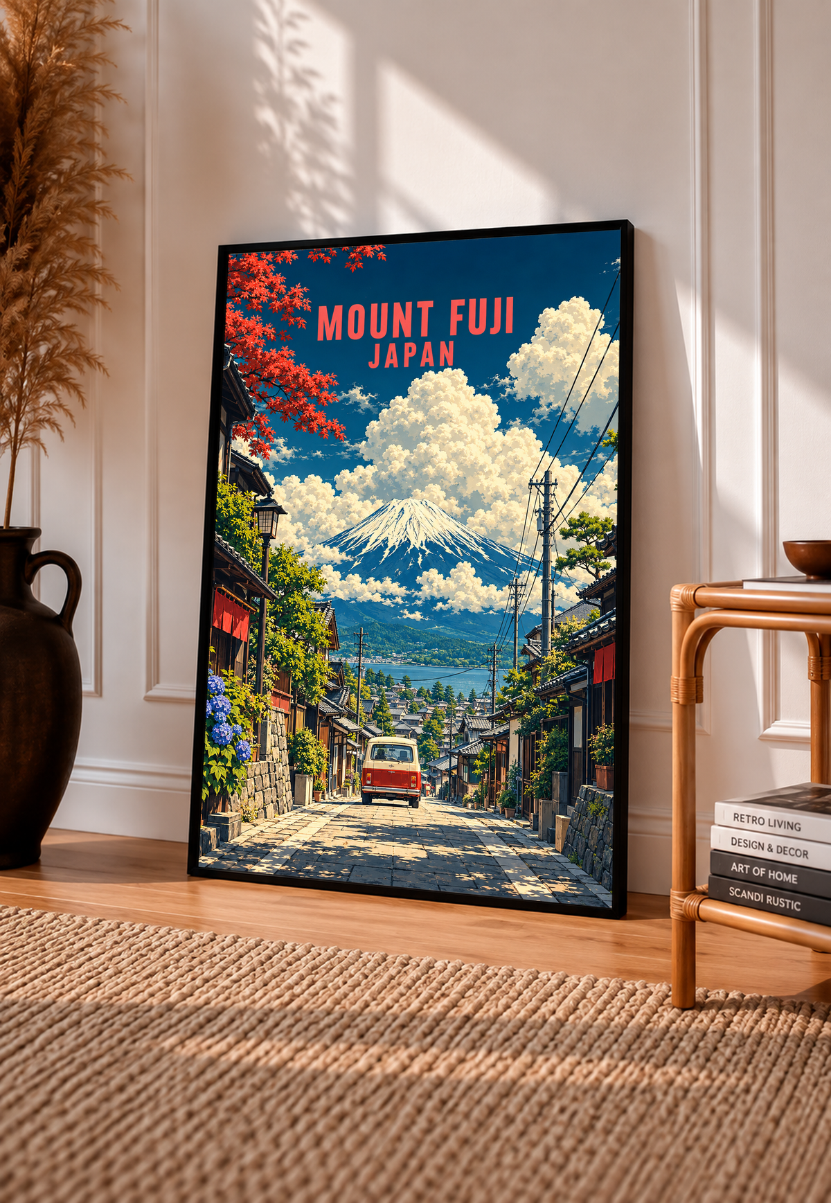 Framed Mount Fuji street scene poster with red van below Mt. Fuji; red “MOUNT FUJI JAPAN” title