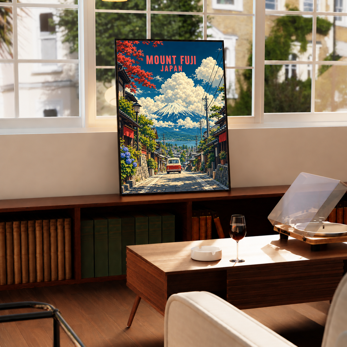 Framed Mount Fuji street scene poster with red van down an alley; red “MOUNT FUJI JAPAN” title