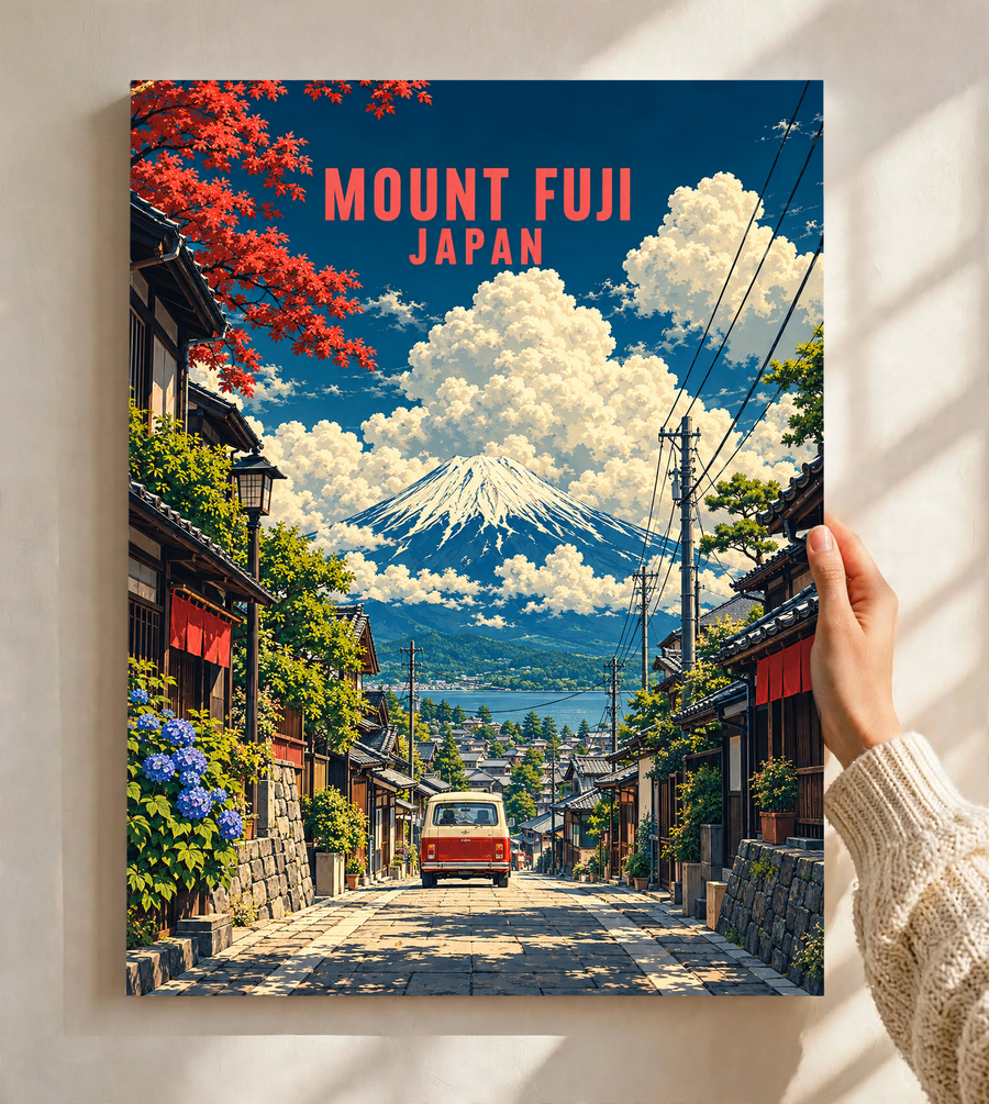 Framed Mount Fuji street scene poster with red van, houses, and clouds; red “MOUNT FUJI JAPAN”