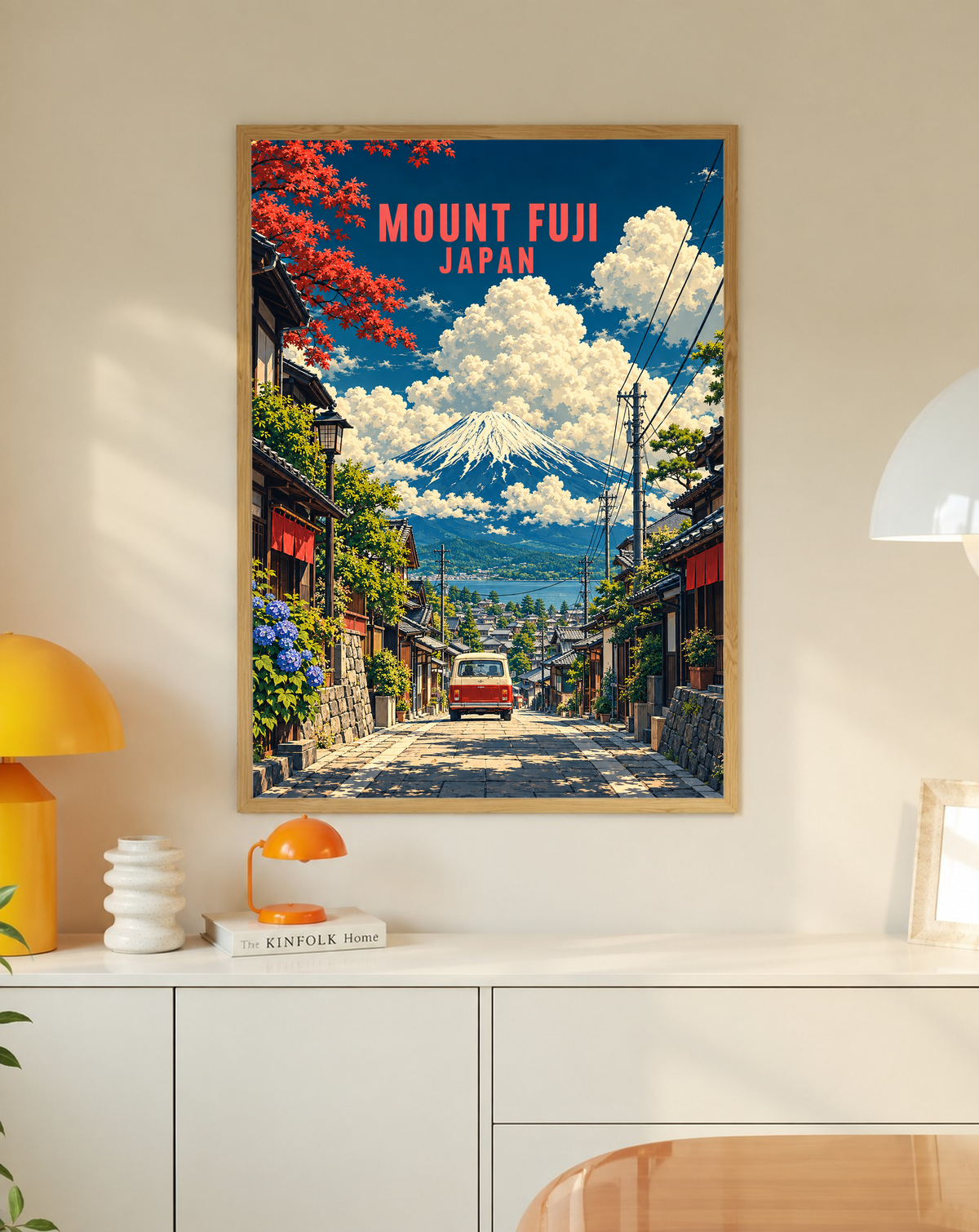 Framed Mount Fuji street scene poster with red van and blue sky, red “MOUNT FUJI JAPAN” text