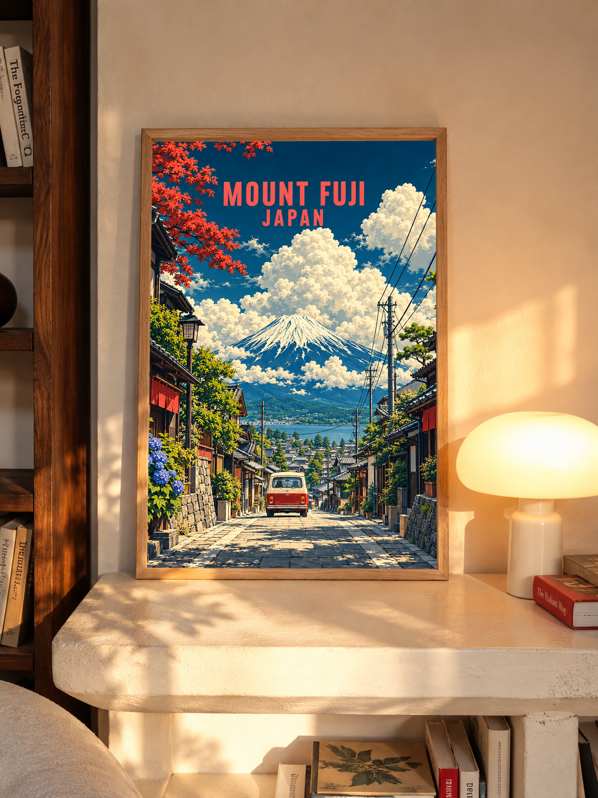Framed Mount Fuji street scene poster featuring red van and Mt. Fuji; red “MOUNT FUJI JAPAN”
