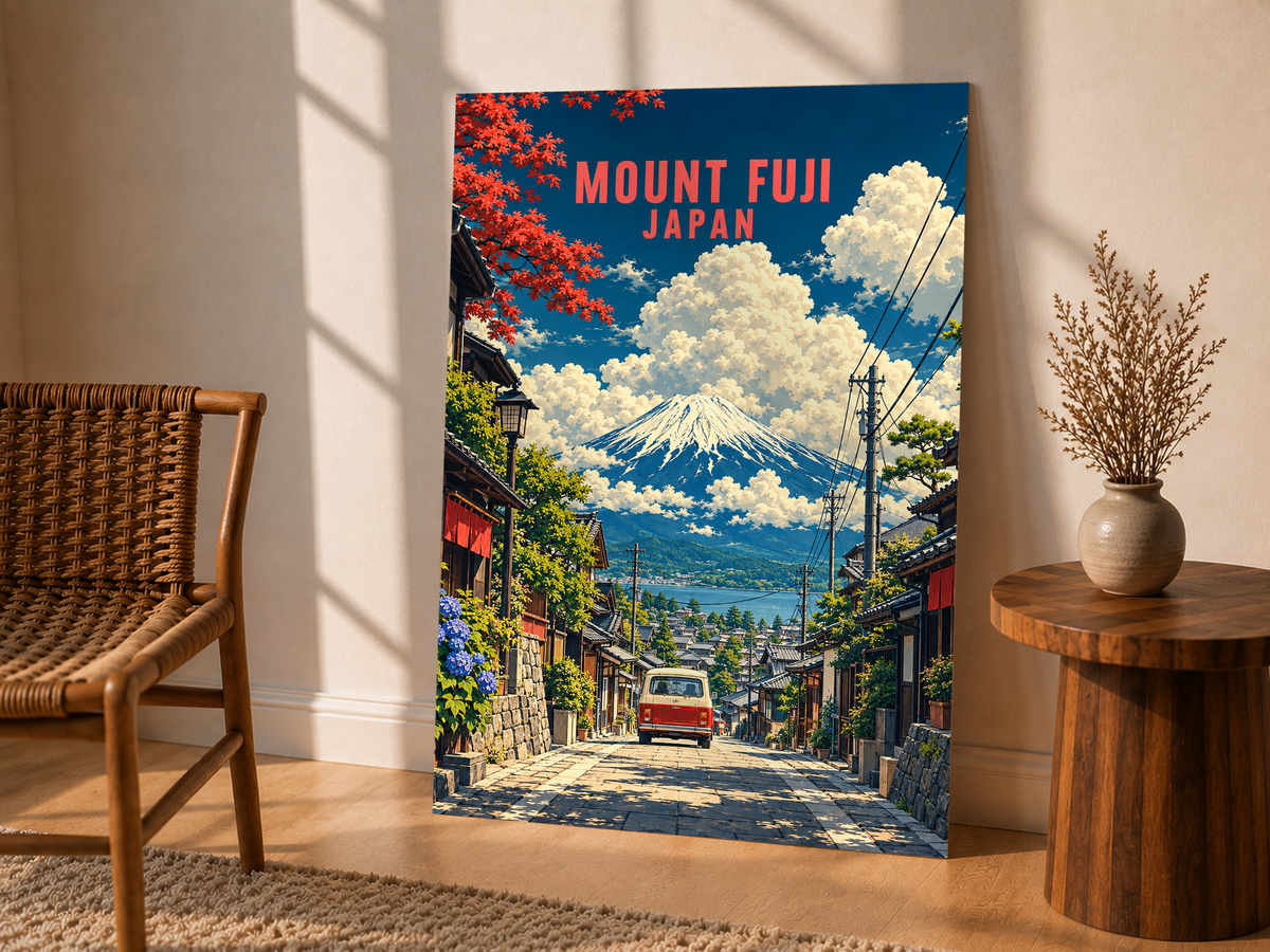 Mount Fuji street scene poster with red van, snowy mountain, houses, and blue sky
