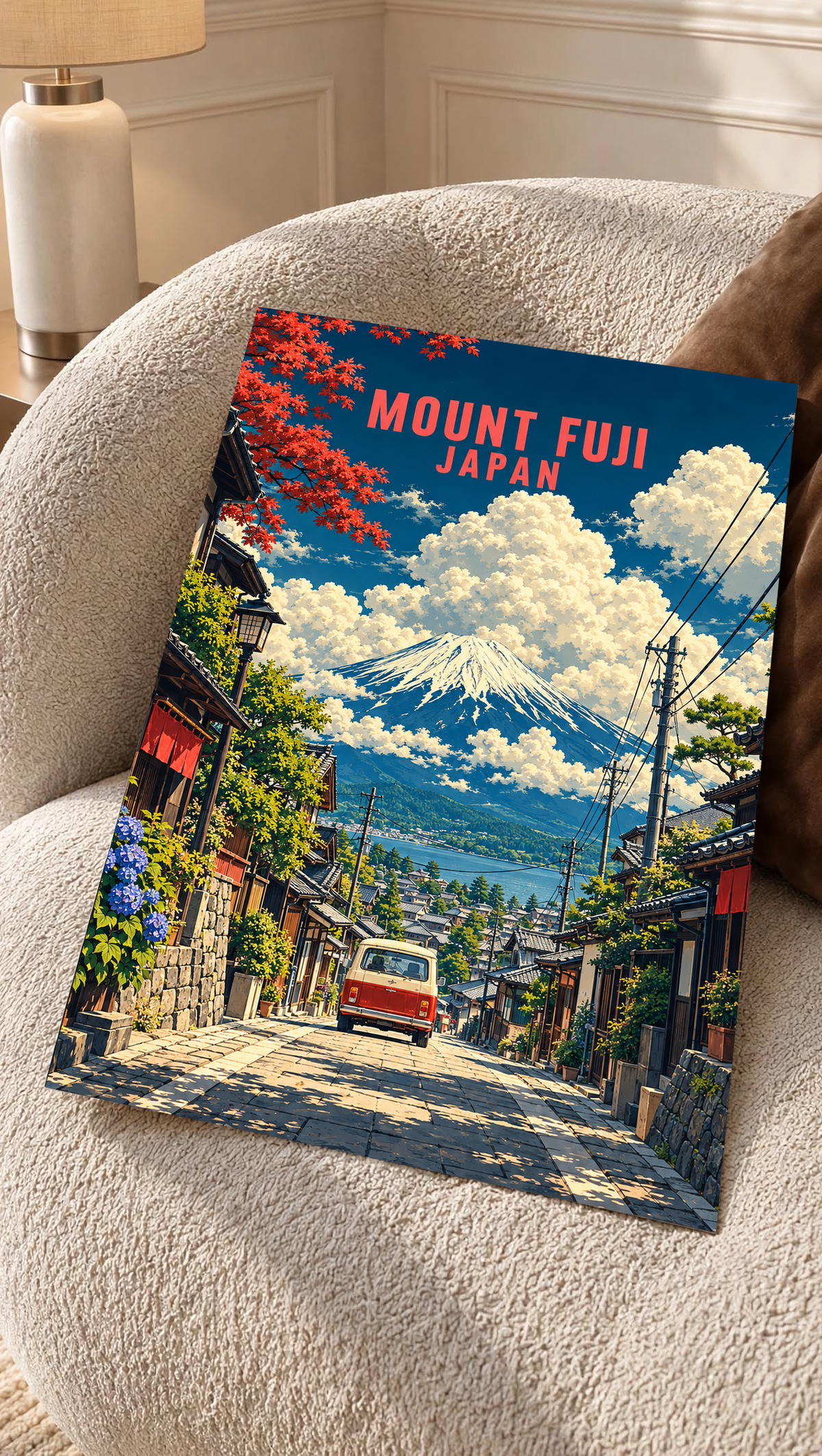 Framed Mount Fuji street scene poster with red van and Mt. Fuji; red “MOUNT FUJI JAPAN”