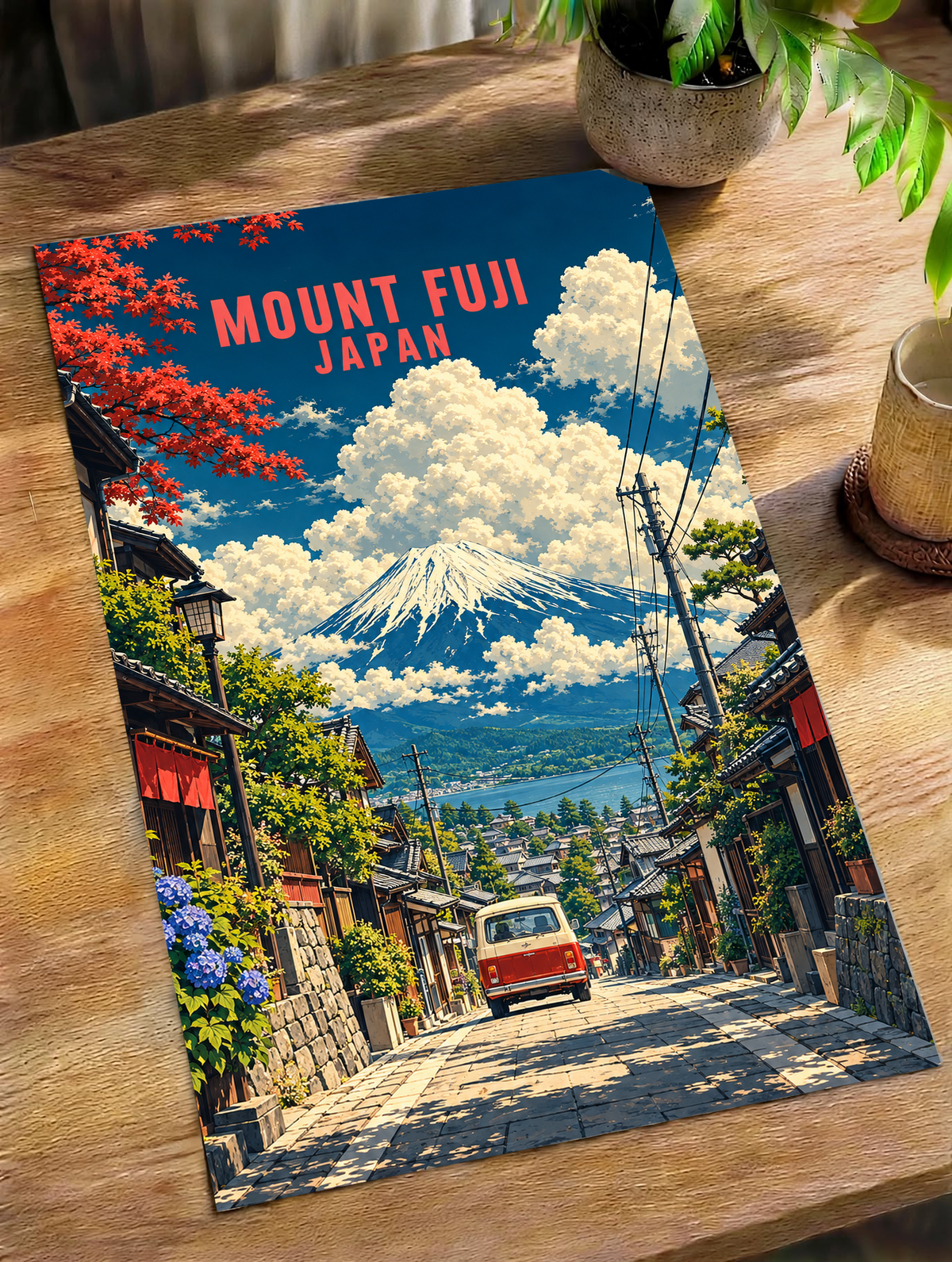 Framed Mount Fuji street scene poster on wooden table with red van and “MOUNT FUJI JAPAN” text