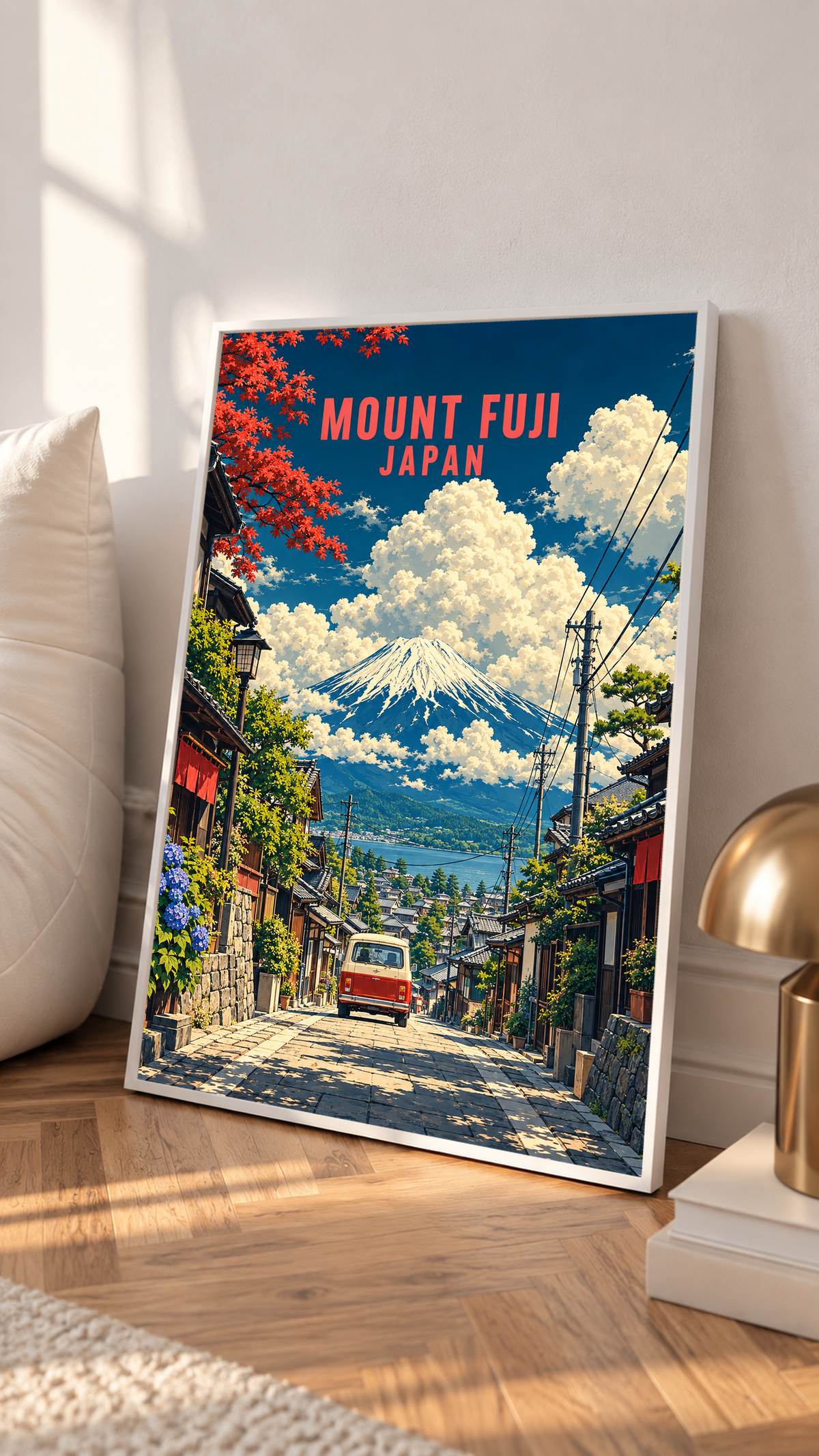 Framed Mount Fuji street scene poster with red van, colorful houses, and Mt. Fuji; “MOUNT FUJI JAPAN”