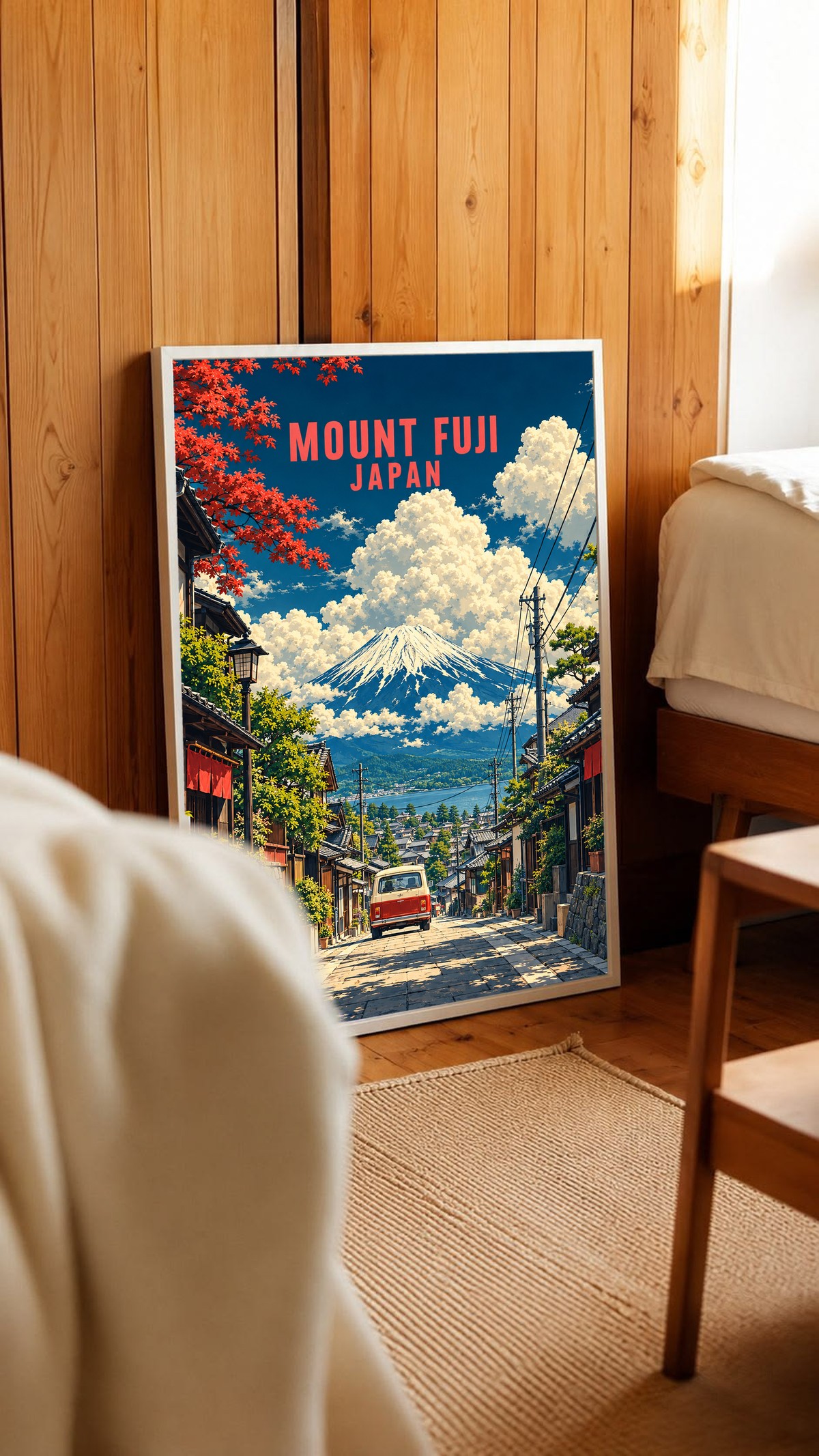 Framed Mount Fuji street scene poster in cabin setting, red van and red “MOUNT FUJI JAPAN” text