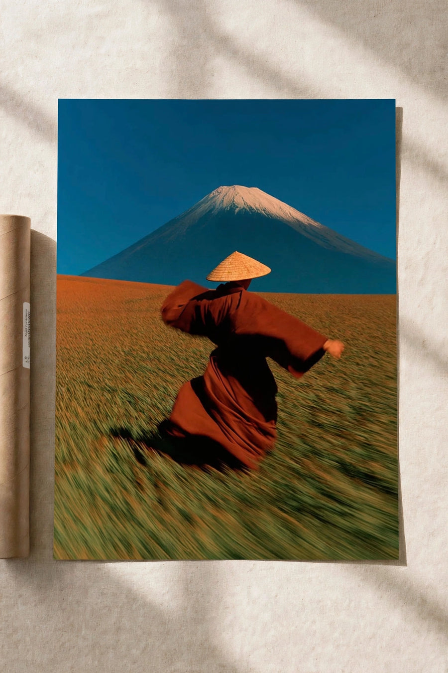 Fuji Motion poster with Mount Fuji, blue sky, and figure running in a grassy field