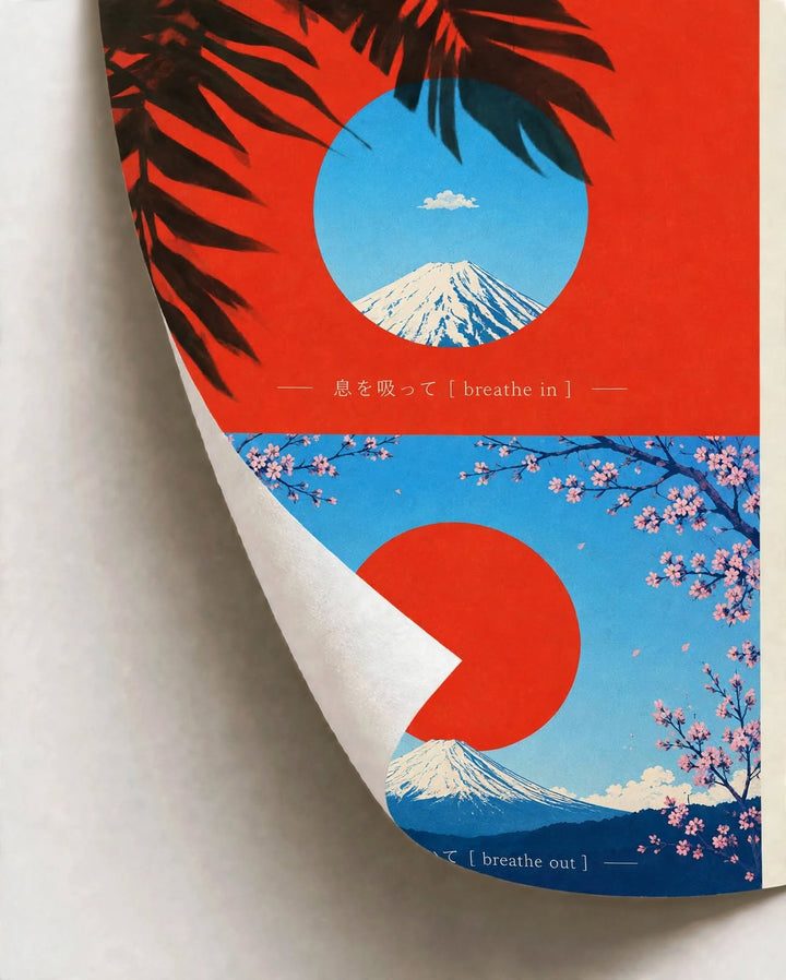 Red Sun Japanese Landscape Art Print with bold red and blue tones inspired by Japanese scenic artwork