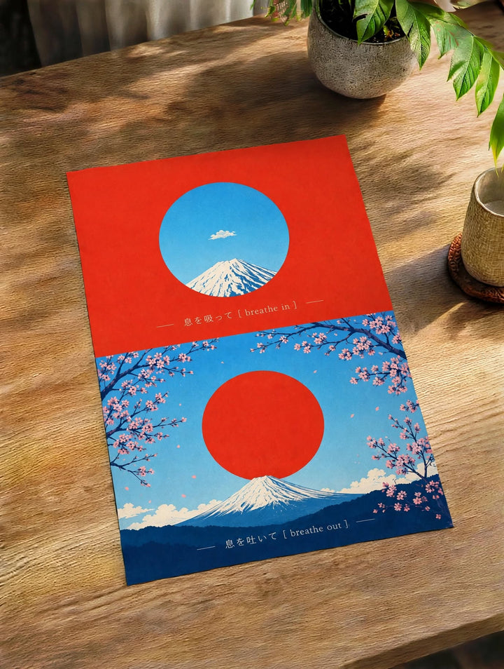 Red Sun Japanese Landscape Art Print displayed as colorful Japanese wall decor in an eclectic space