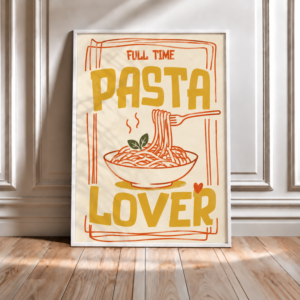White-framed kitchen wall art with orange pasta bowl illustration and 'FULL TIME PASTA LOVER' text