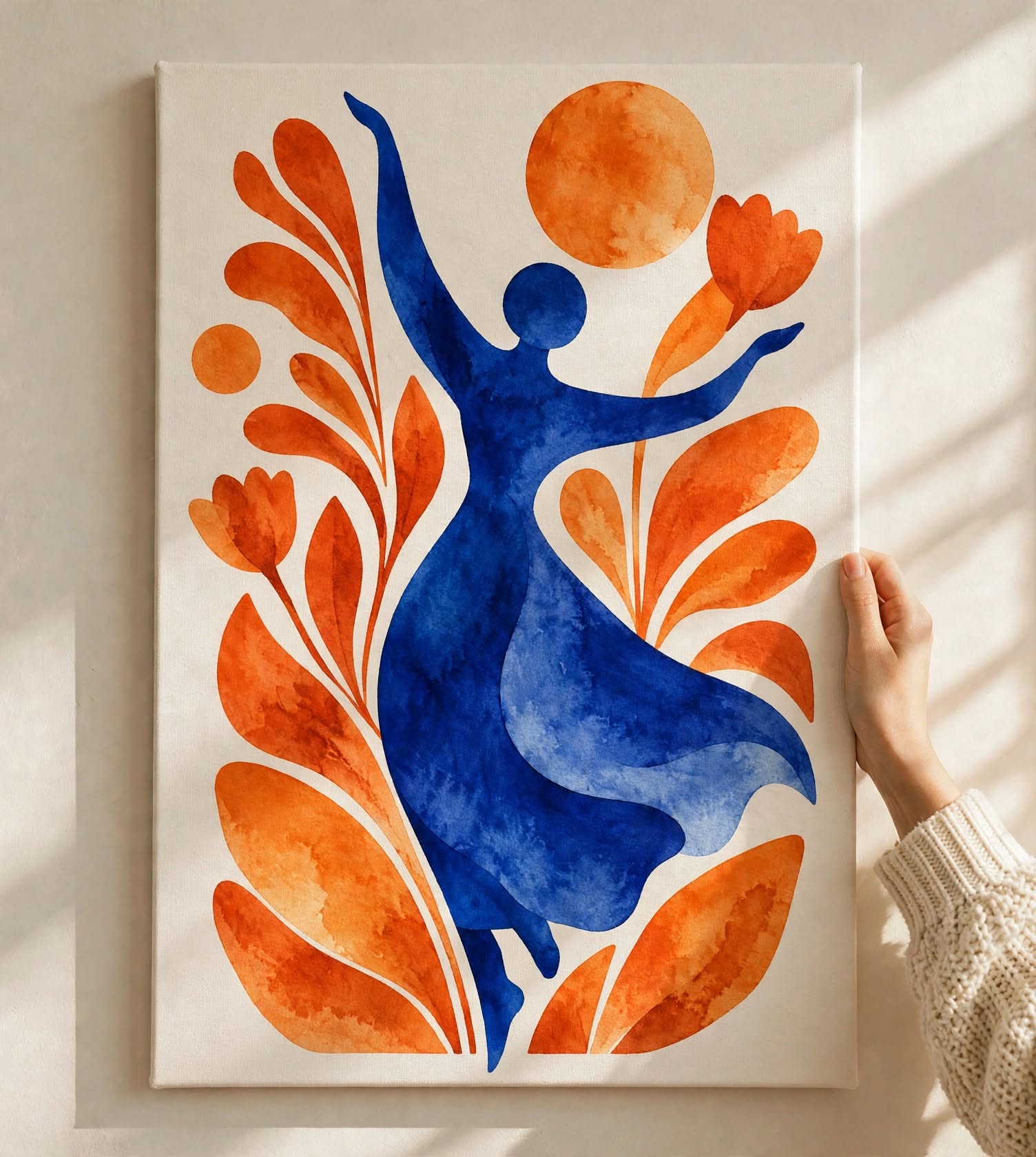 Botanical Woman Watercolor Print combining feminine figurative art with abstract flowers, leaves and contrasting blue orange tones