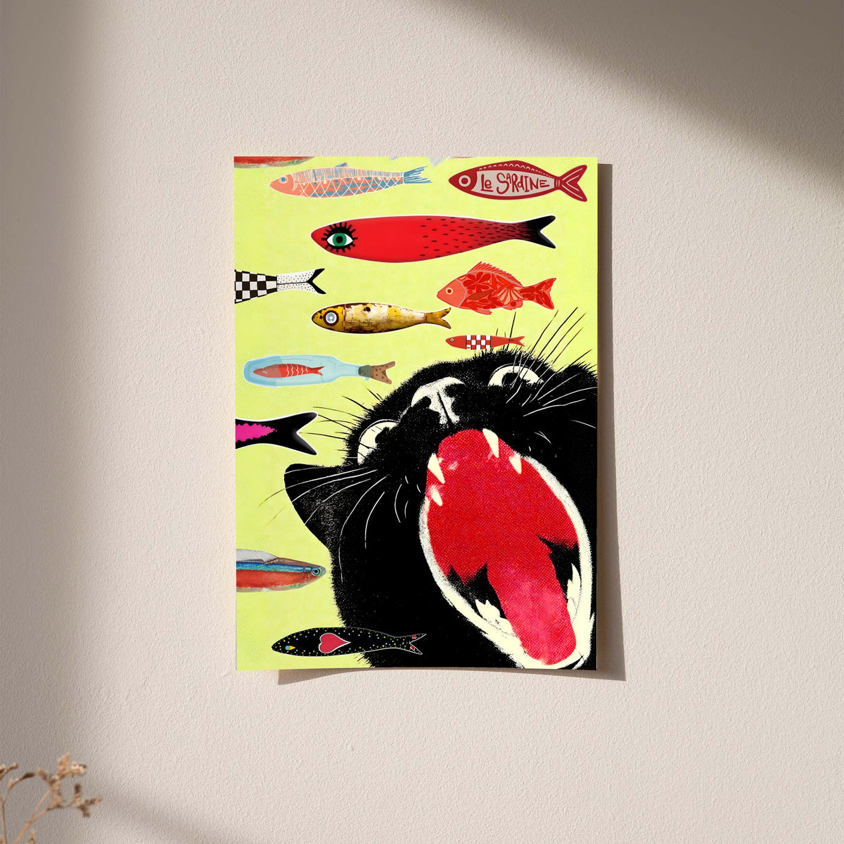 Yellow retro art poster with a black cat head and colorful fish illustrations