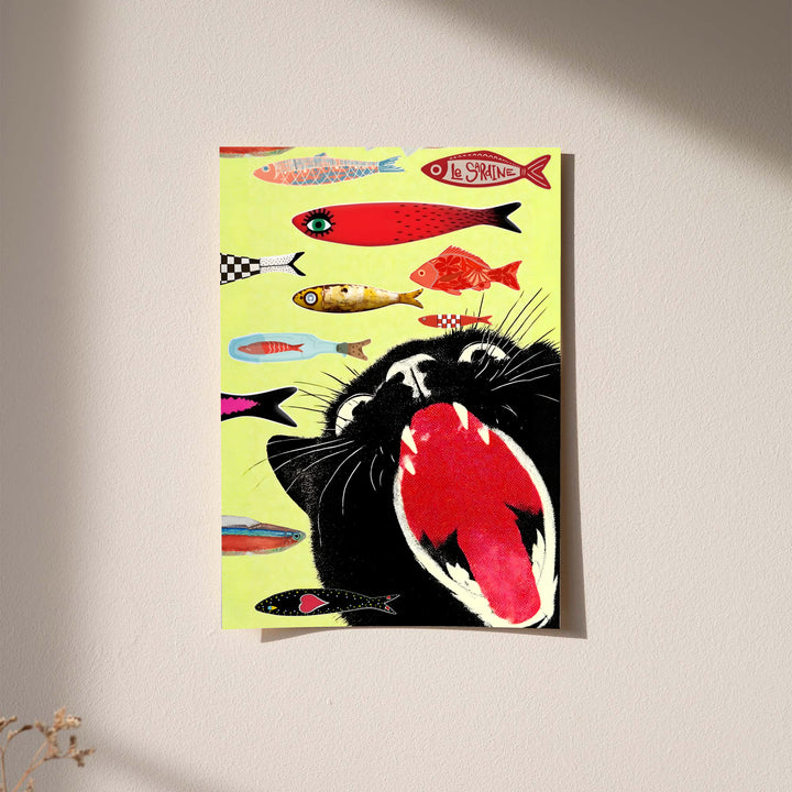 Yellow retro art poster with a black cat head and colorful fish illustrations