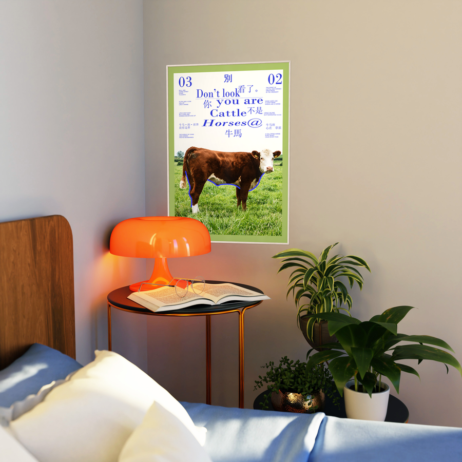 Typography poster with green border and purple text, showing brown-and-white cattle on grass