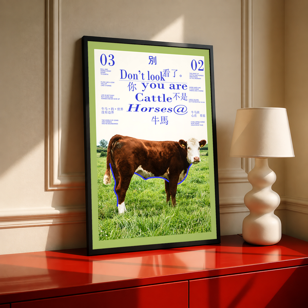 Framed typography poster with green border, purple text, and photo of brown-and-white cattle