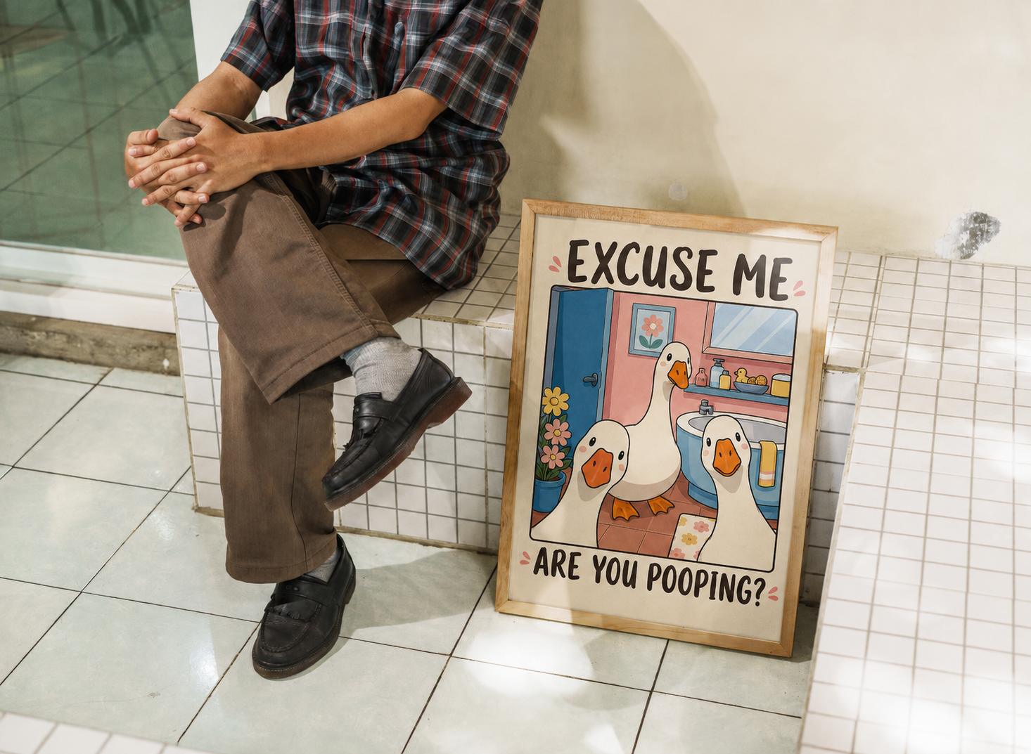 Framed goose wall art print on floor, featuring two geese and 'ARE YOU POOPING?'