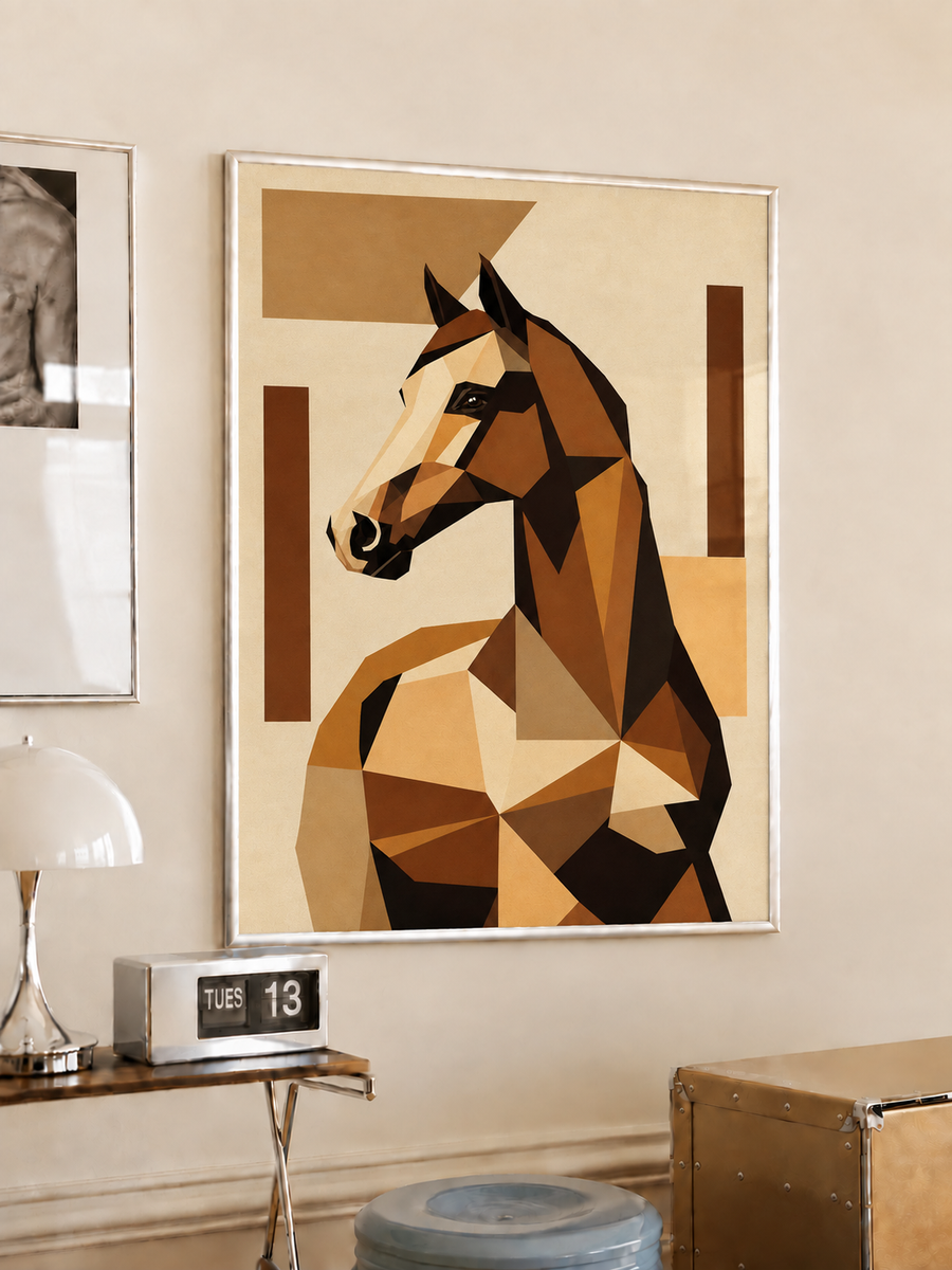 Geometric Horse Portrait Mid Century Wall Art Poster styled interior mockup